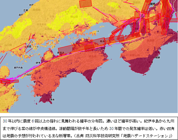30年以内に震度6弱以上の揺れに見舞われる確率の分布図。濃いほど確率が高い。紀伊半島から九州まで伸びる紫の線が中央構造線。活動間隔が数千年と長いため30年間での発生確率は低い。赤い四角は地震の予想が行われている主な断層帯。(出典 防災科学技術研究所「地震ハザードステーション」)